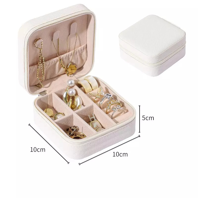 (10x10x5cm) Leder Schmuckschatulle Reise Aufbewahrungsbox Organizer für Ringe / Ohrringe / Armbänder - Weiss