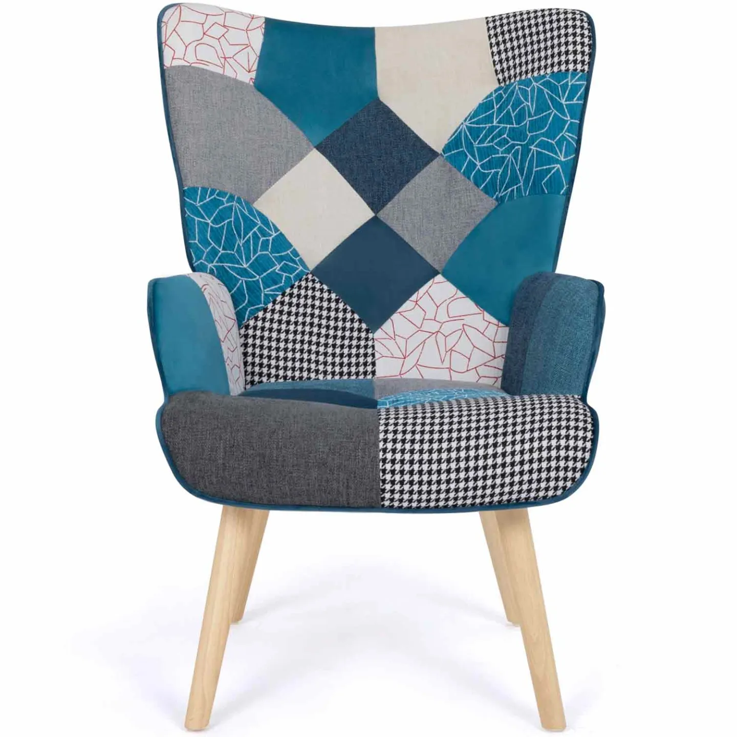 Fauteuil scandinave IVAR en tissu patchwork et velours bleu
