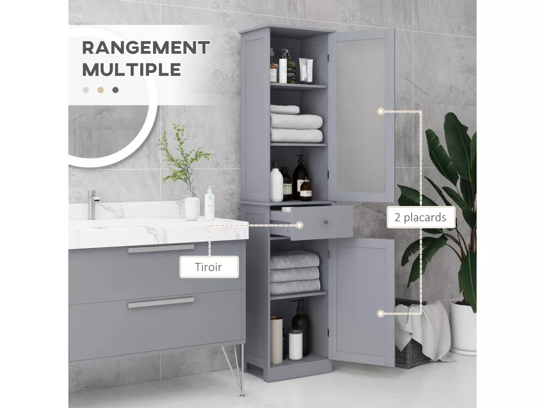 Meuble colonne de salle de bain placard porte acrylique 2 étagères placard porte 1 étagère tiroir MDF gris