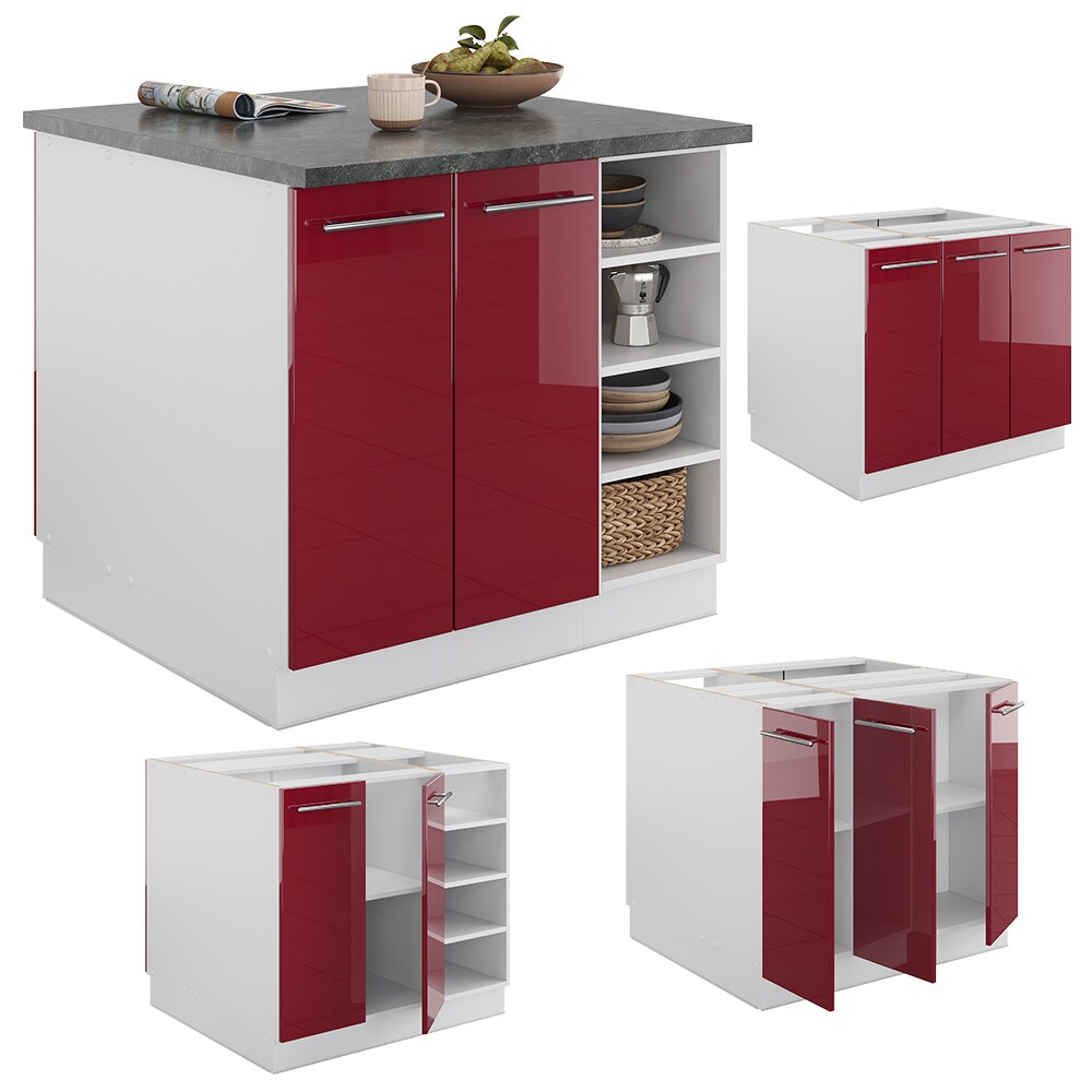 Vicco Kücheninsel Küchenblock Einbauküche Fame-Line Weiß Bordeaux-Rot 90 cm modern Hochglanz Küchen Schränke Regalunterschrank Küchenunterschrank Regalinselunterschrank Softclose-Scharnier Küchenmöbel