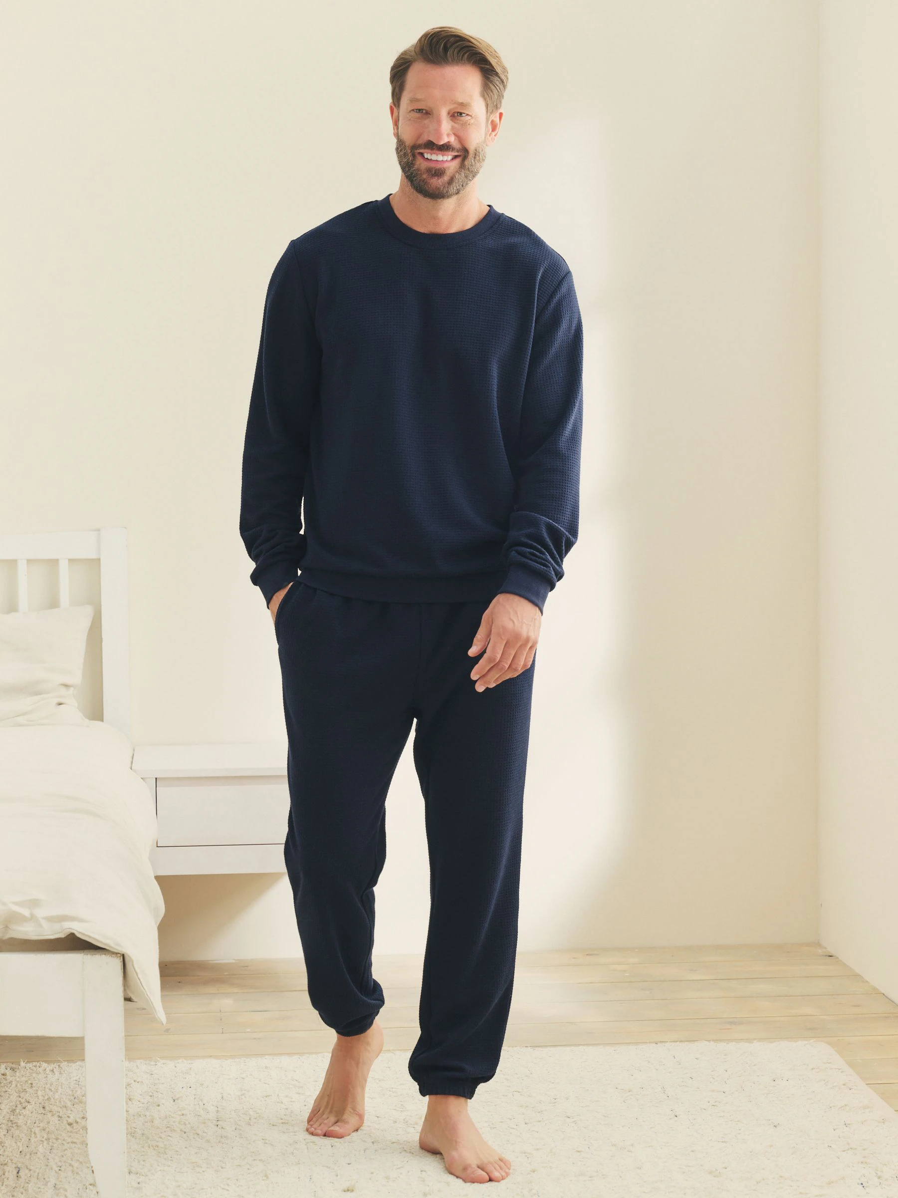Donkerblauw - Zachte pyjama met top met wafeldessin en lange mouwen