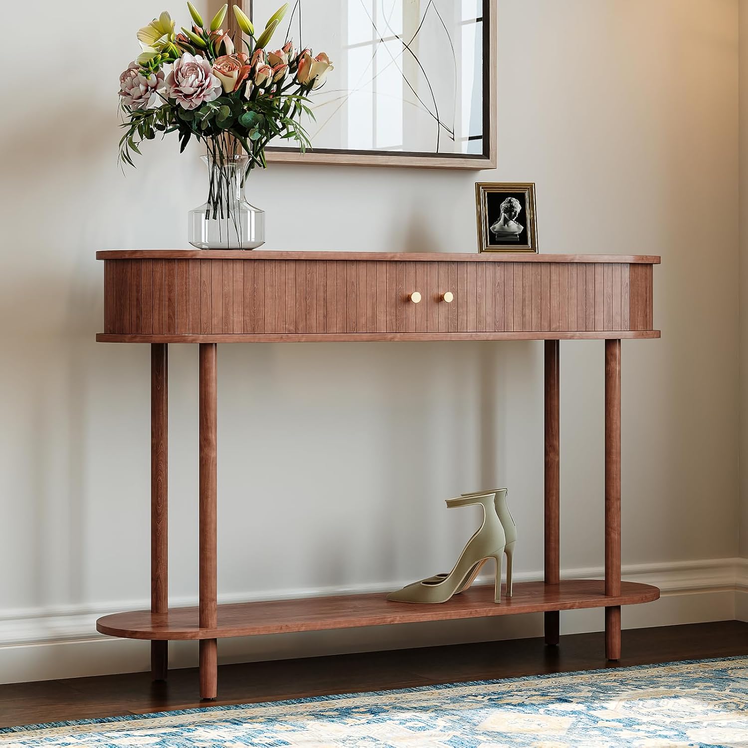 Konsolentisch mit Schubladen und Stauschrank, Braun Schmal Konsolentisch mit Schiebetüren, Holz Konsolentische fürs Wohnzimmer, Eingang, Hausflur, Schlafzimmer