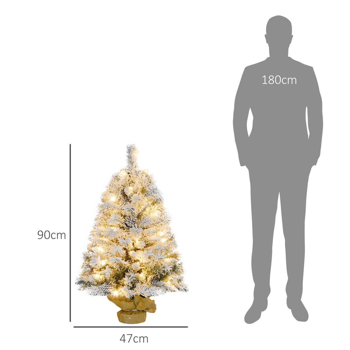 HOMCOM Kunstkerstboom, 90 cm kerstboom met 133 tips, 50 warmwitte LED-lampjes, betonnen voet, voor kerstversiering, groen