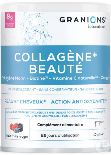 Granions Collagène Marin Beauté Acide Hyaluronique Biotine Vitamine C Poudre Fruits Rouges 260g