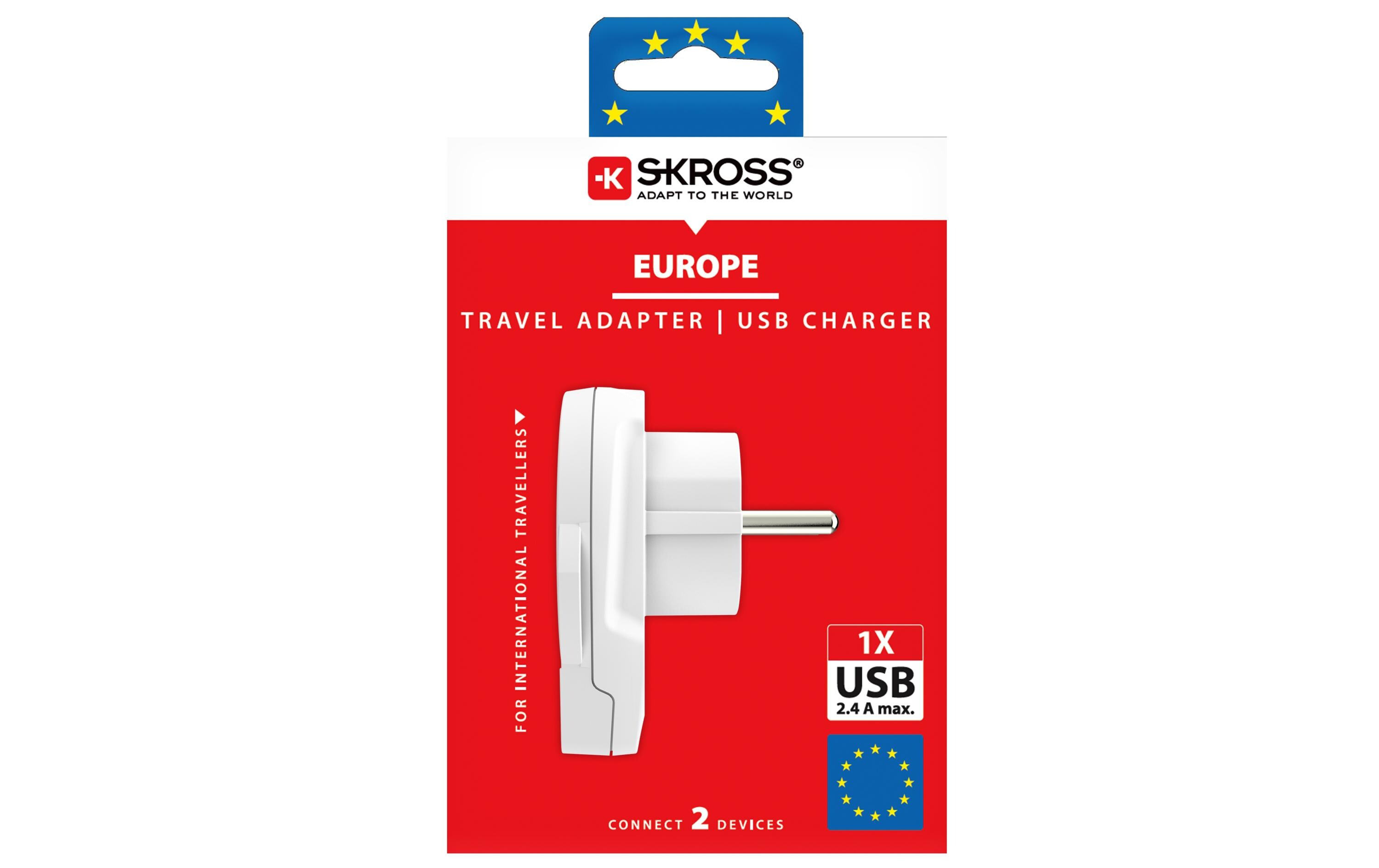 Reiseadapter World – EU mit USB LadegerätKompakter Reisestecker World zu Europa mit USB Ladeanschluss