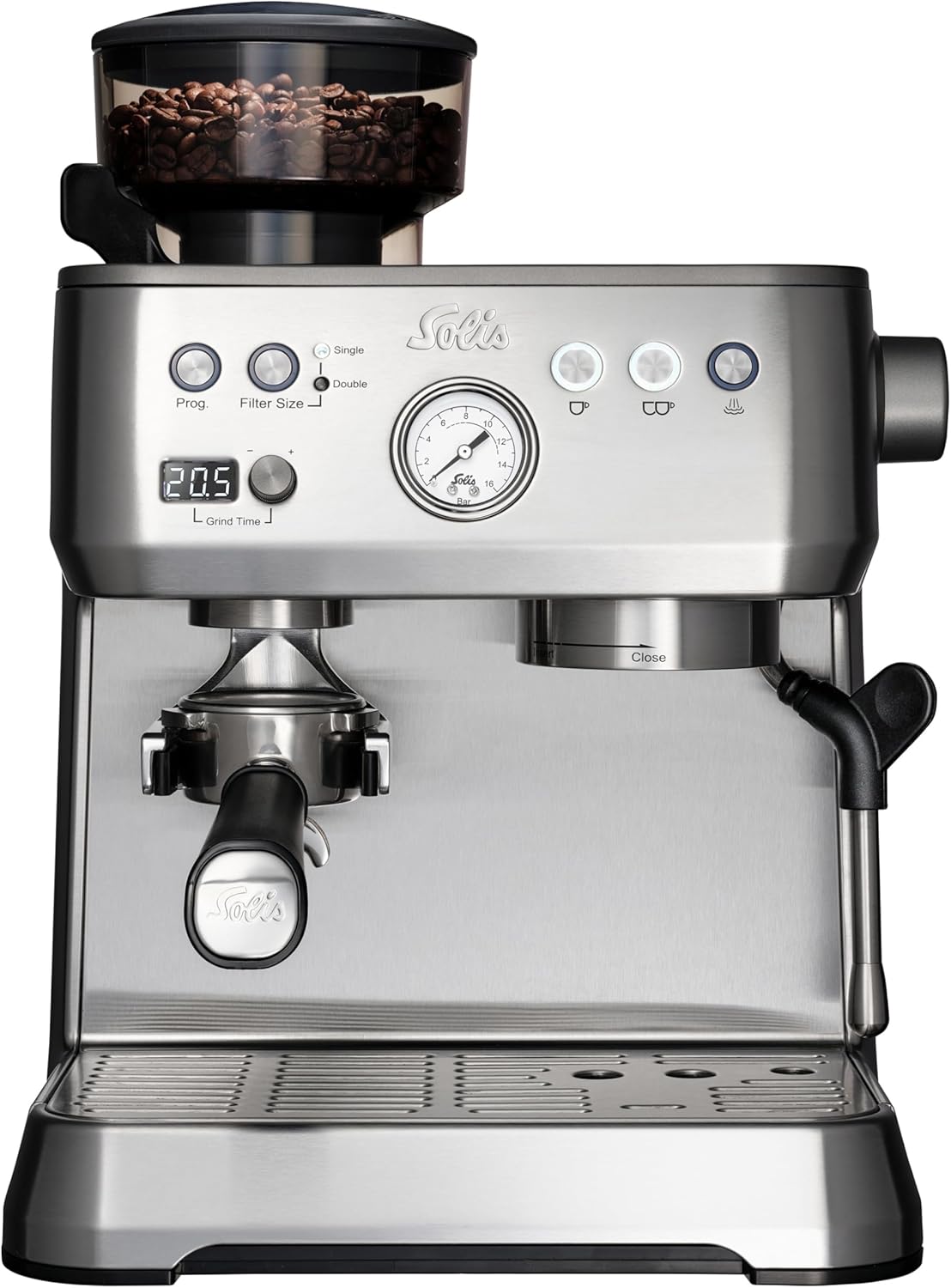 Solis Grind & Infuse Perfetta 1019 Siebträgermaschine - Kaffeemaschine mit Mahlwerk - Integrierte Zero Static Kaffeemühle - Espressomaschine mit Dampf- und Heißwasserfunktion - Edelstahl