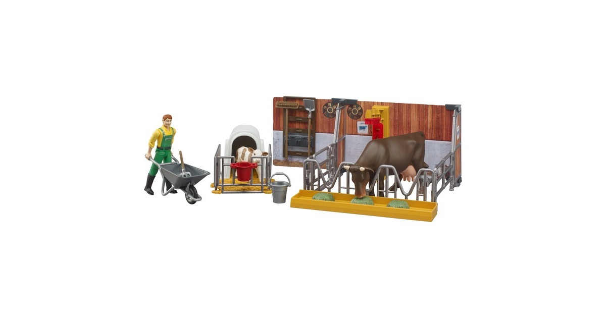 bruderbworld Koeienstal met kalfje en boer Decors  (62611)