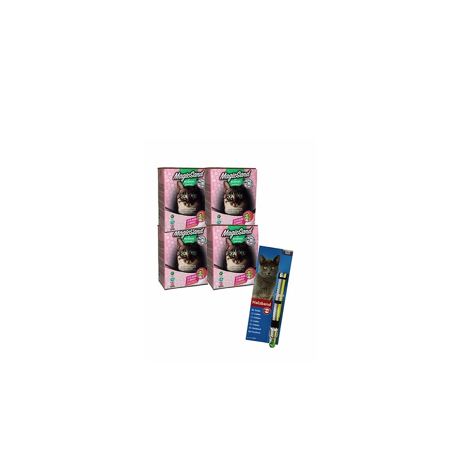 Pacote com 4 caixas de areia antiaglomerantes e coleira com aroma de talco.