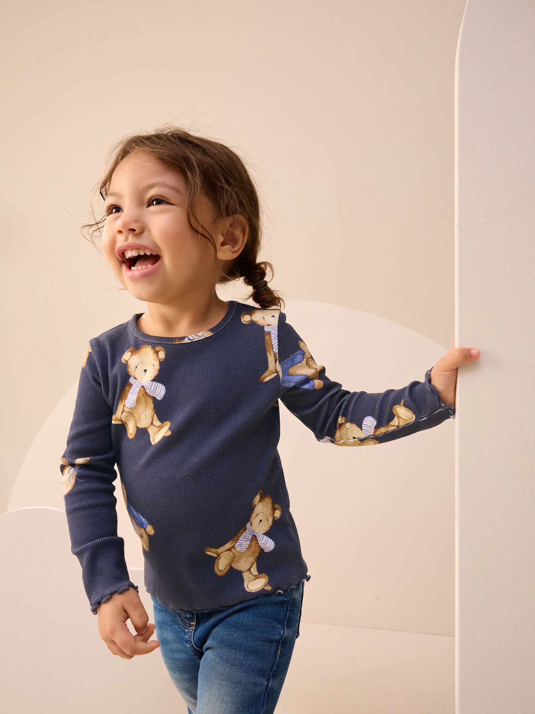 Marineblauw met berenprint - Geribbeld T-shirt met lange mouwen (3mnd-7jr)