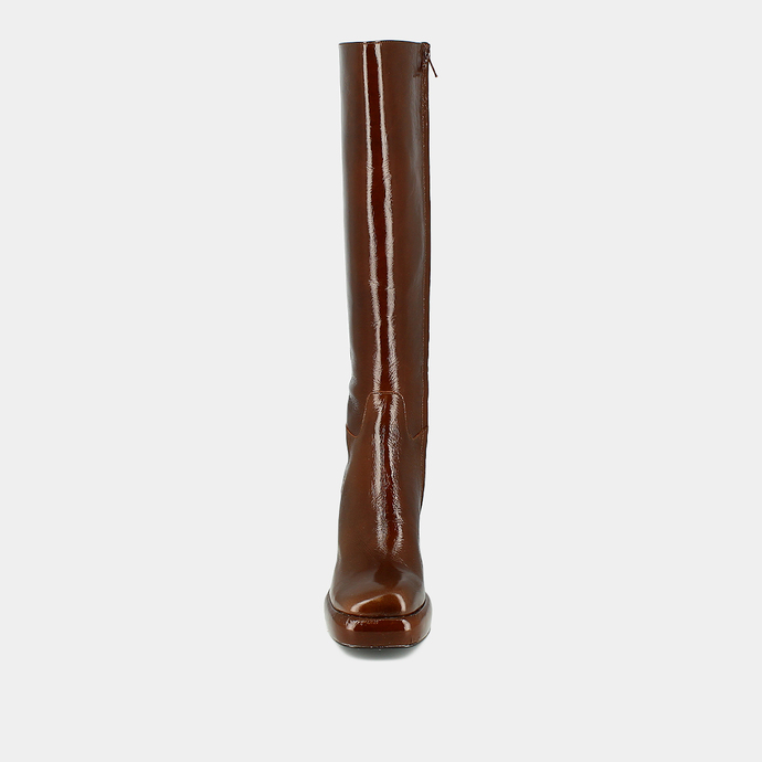 Bottes à talons et plateformes  en cuir brillant marron