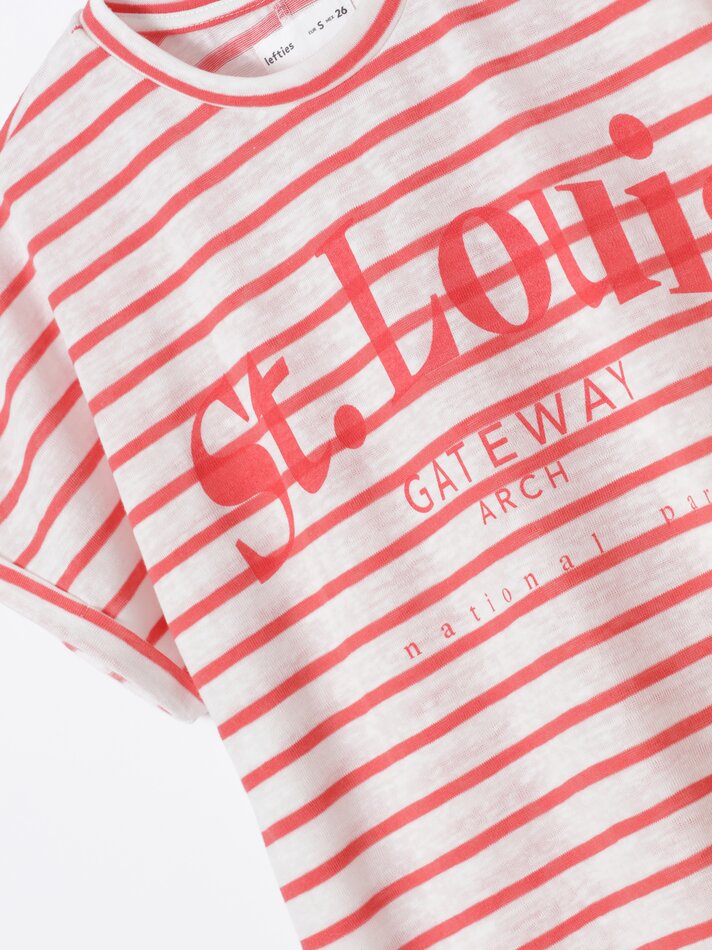 Camiseta listrada estampada - Branca/vermelha