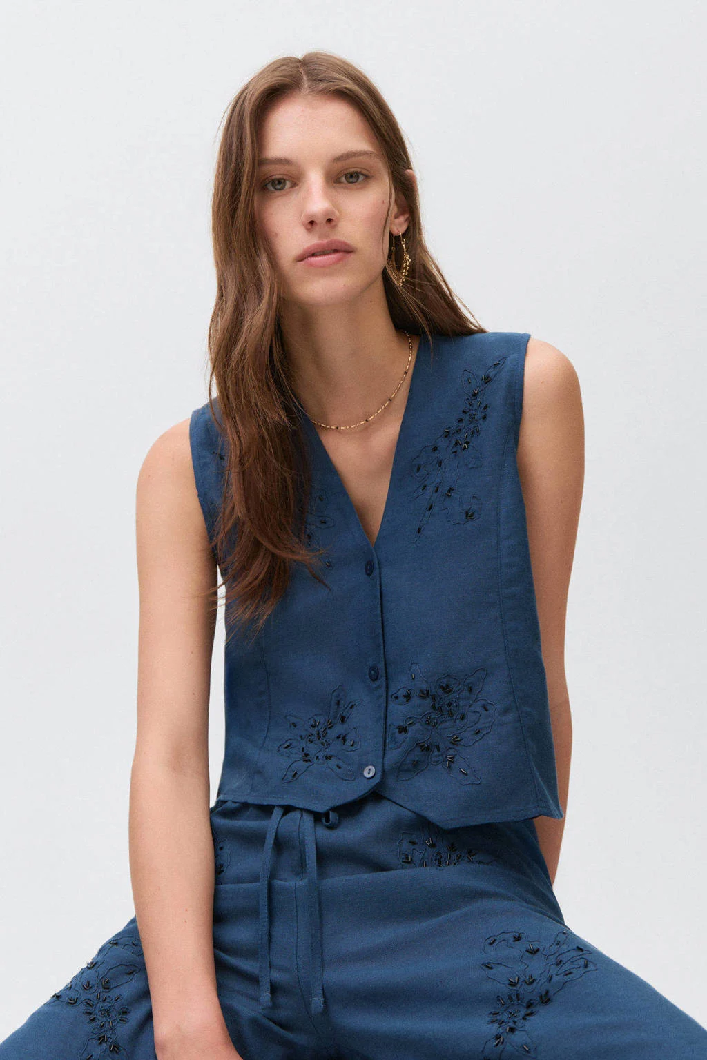 MANGO TEEN gilet met linnen donkerblauw