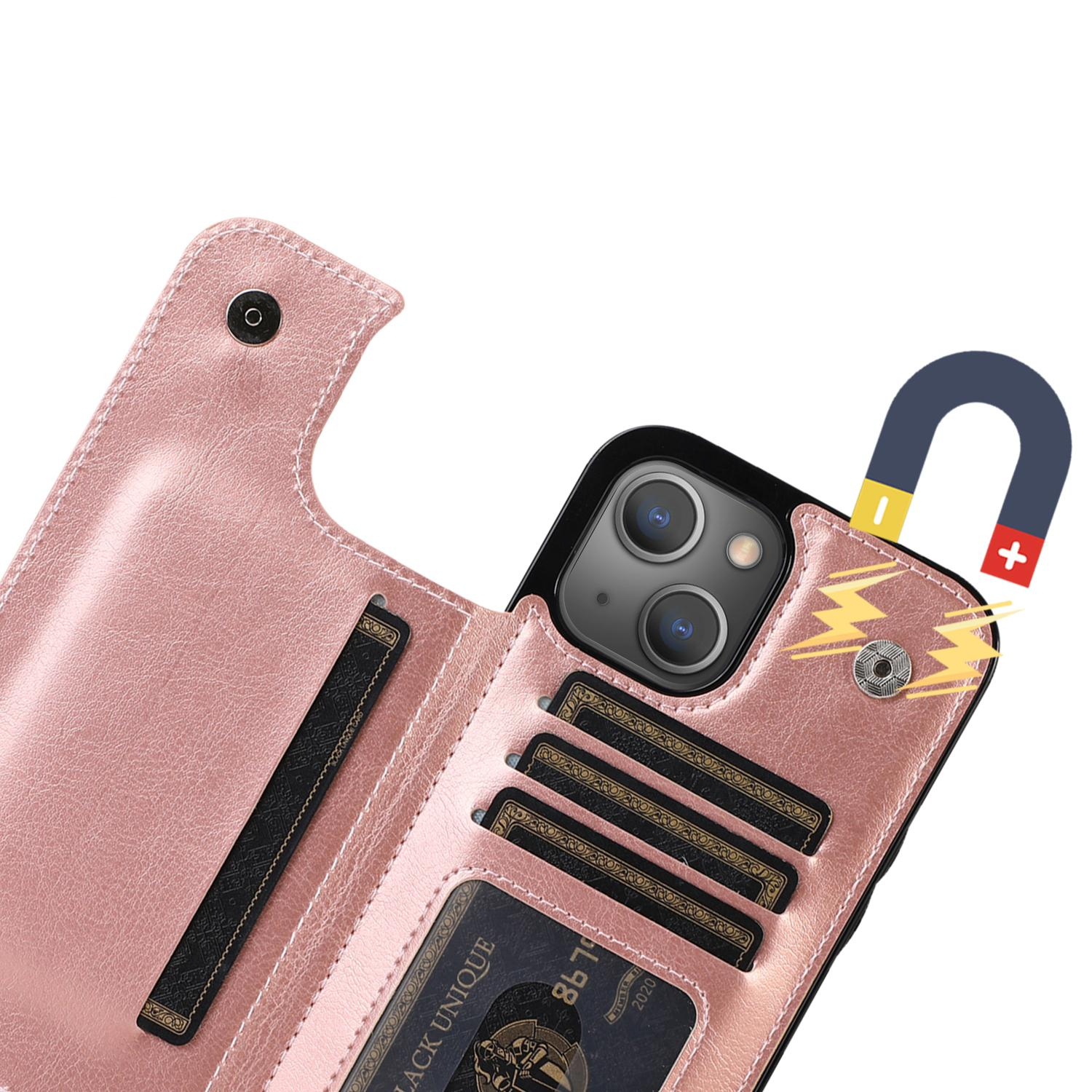 iPhone 14 Hybrid Leder Hülle mit Kartenfach   Kickstand Aufsteller - Roségold