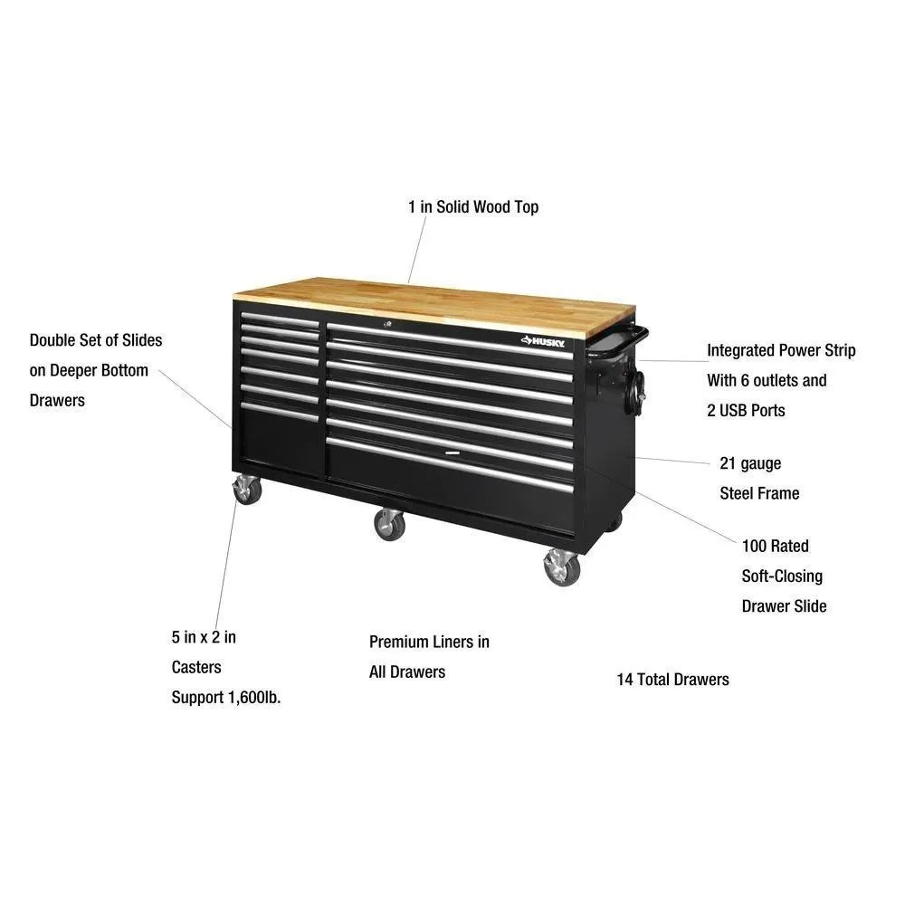 62 in. 14-Drawer Mobile Workbench with Solid Wood Top, Black