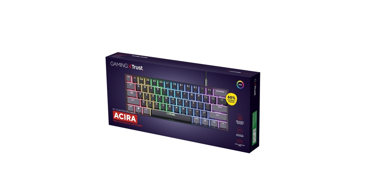 TrustGXT 867 Acira 60% mini mechanisch gaming-toetsenbord, gaming toetsenbord  (Zwart, US lay-out, Outemu Red, 60%, RGB)