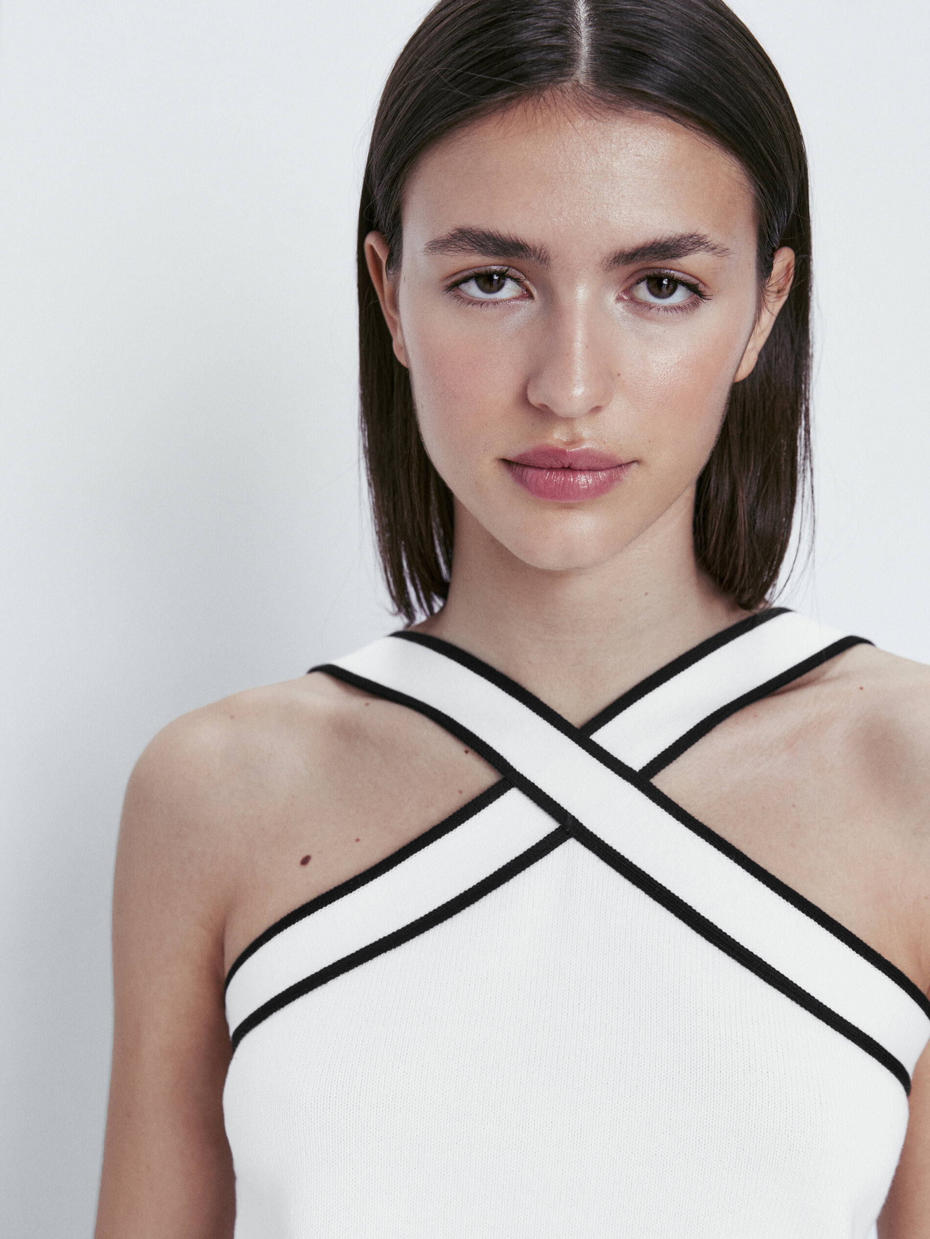 Blusa de algodão com decote cruzado contrastante - OFF-WOVEN
