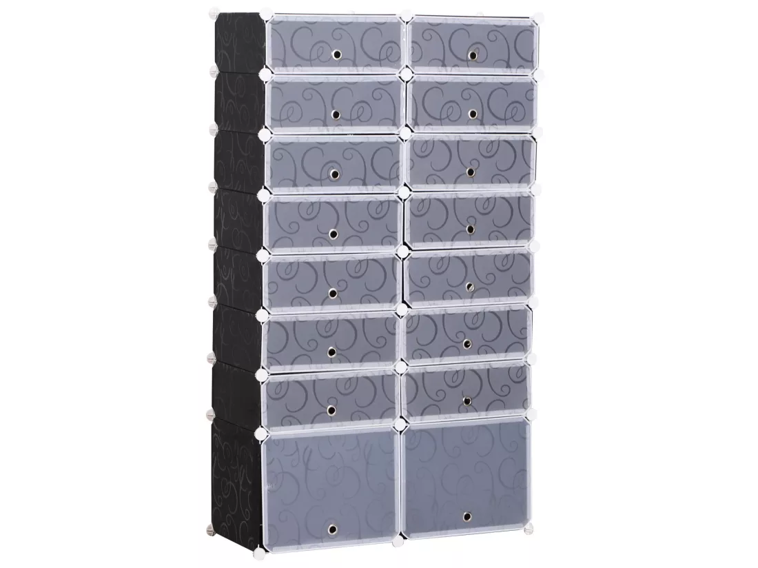 Armoire à chaussures range chaussures L 95 x l 37 x H 160 cm 14 cubes rectangulaires et 2 grands cubes noir et blanc