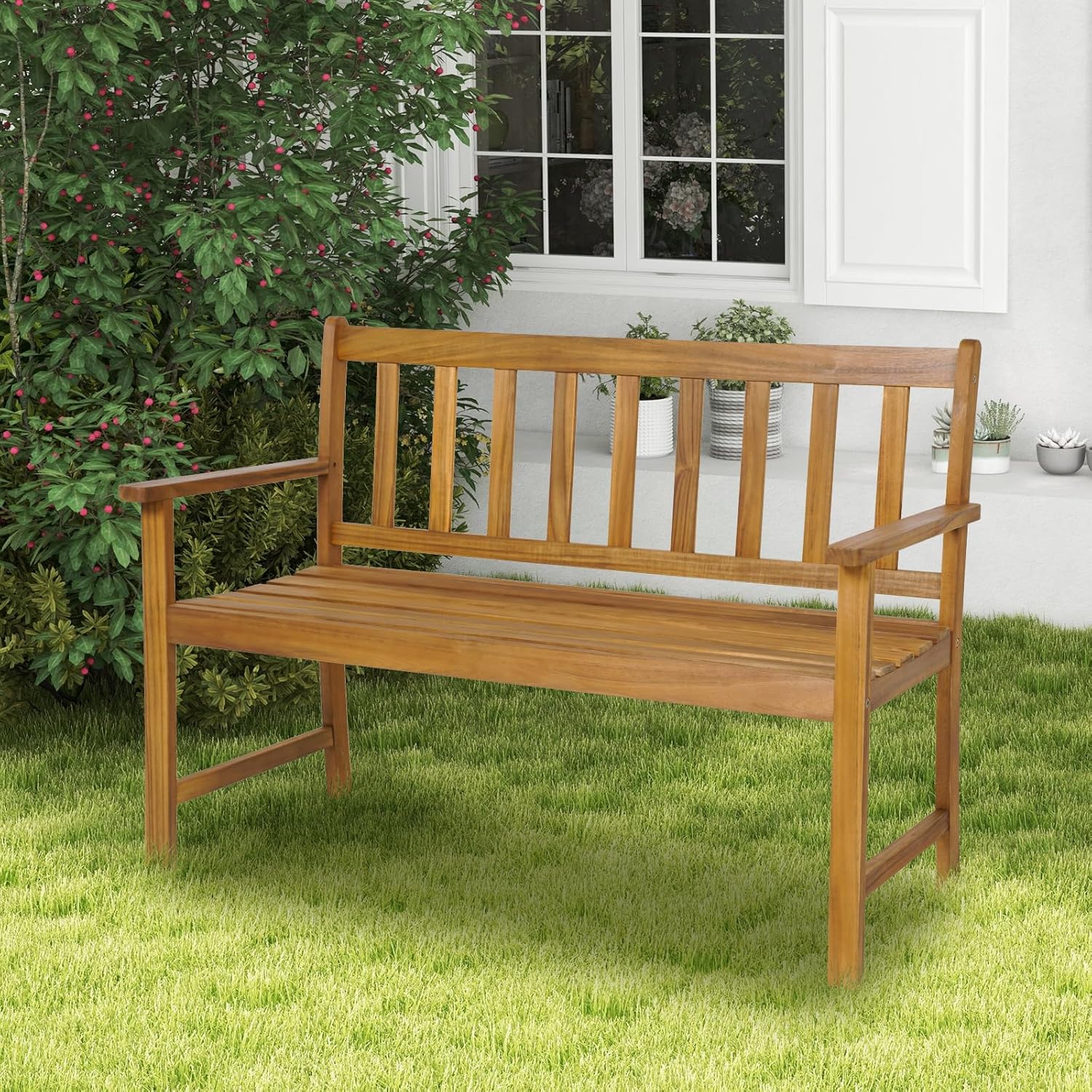 COSTWAY Gartenbank Holz, Holzbank wetterfest, 2-Sitzer Sitzbank aus Akazienholz, Balkonbank bis 360 kg belastbar, Terrassenbank, Parkbank für Terrasse, Balkon, Garten