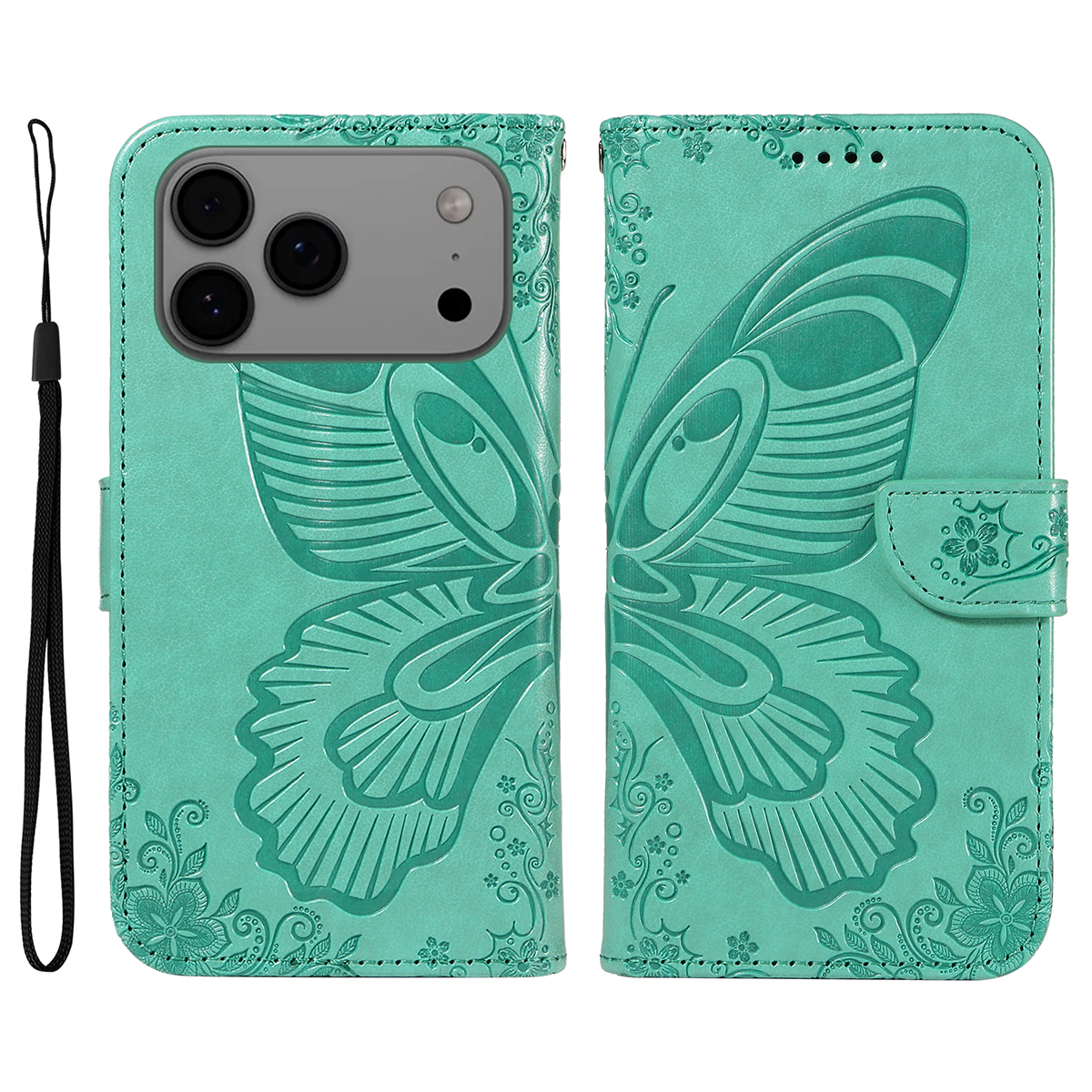 iPhone 17 Pro Max Leder Tasche Flip Cover Schmetterlinge Imprint - Türkis