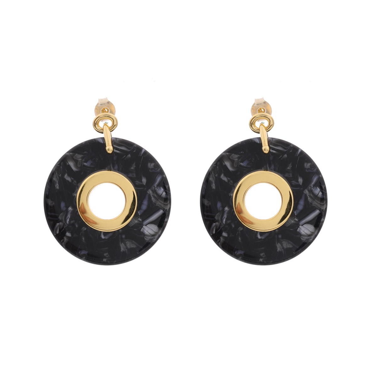 Boucles D'oreilles Disque Argent Doré Et Acétate Noire