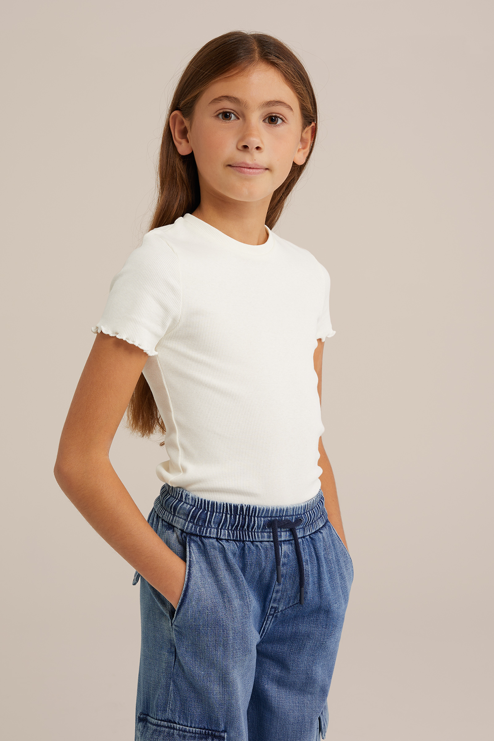 Meisjes T-shirt met ribstructuur WE Fashion Gebroken wit