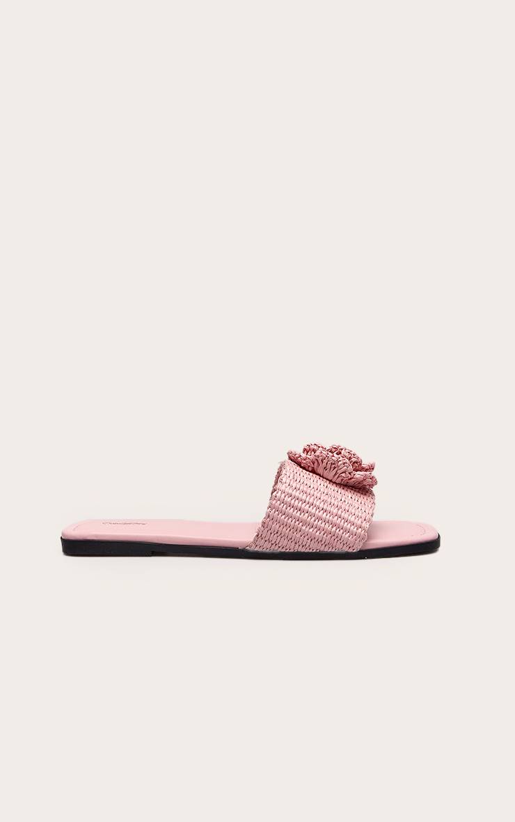 Rose Sandales Mules En Raphia Avec Détail Fleur