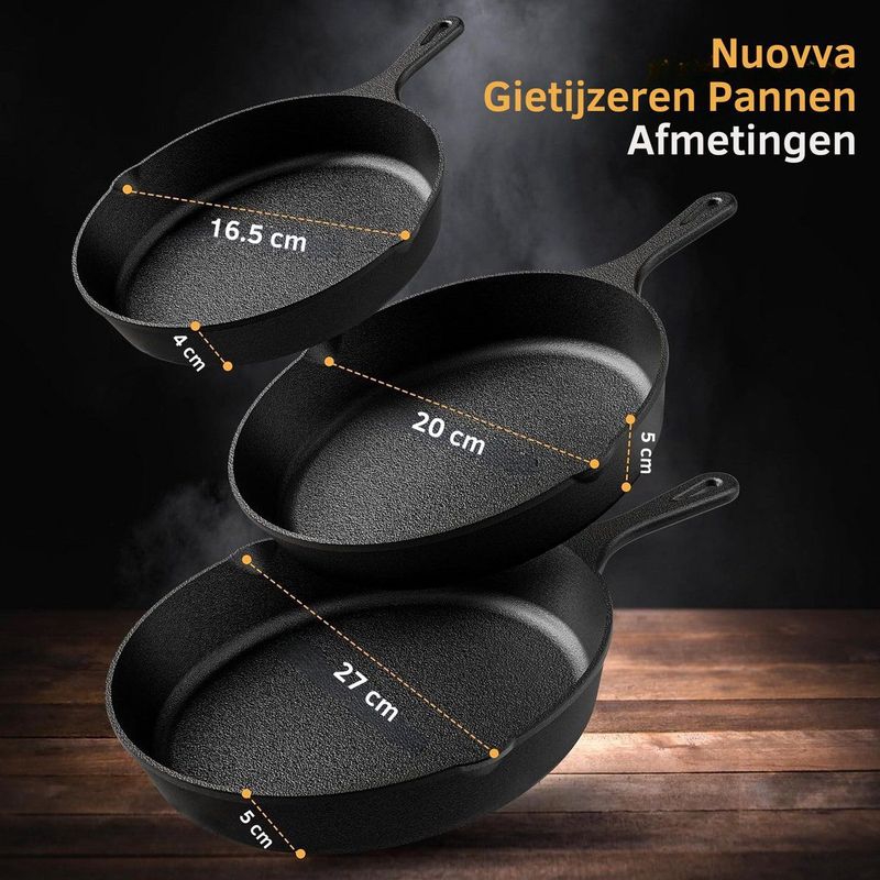 Nuovva - Gietijzeren pan - 3 Delig - Koekenpan / Cast Iron skillet (15cm-20cm-25cm) - geschikt voor alle warmtebronnen