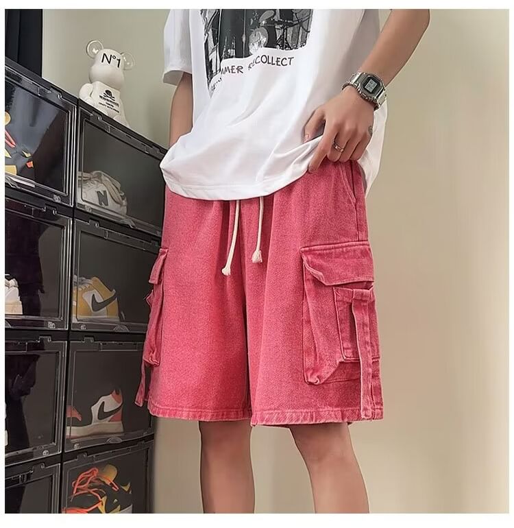 Ateso - Gewassen denim cargoshorts met trekkoordtaille