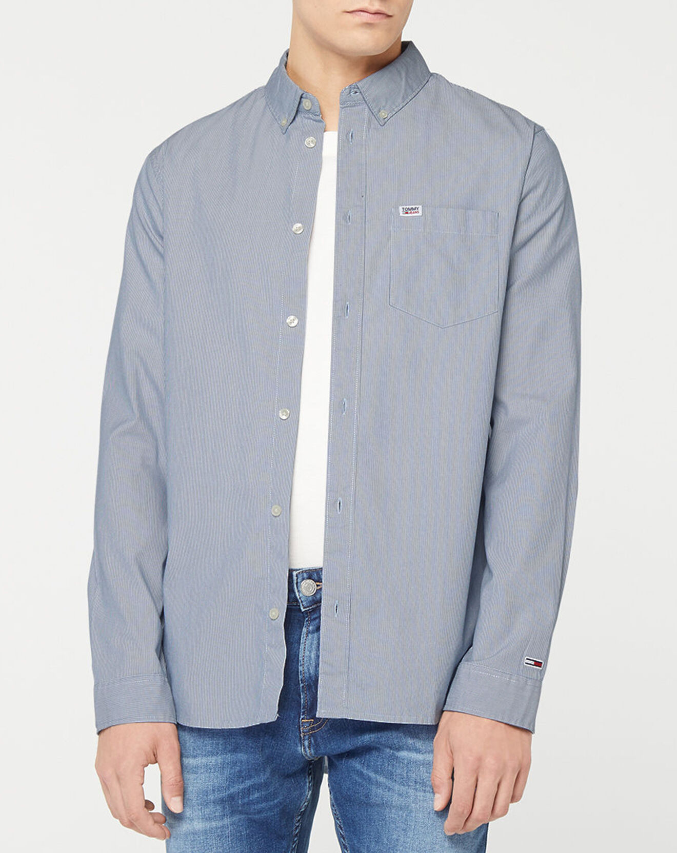 Tommy Jeans Chemise Regular 100% Coton Bio à fines rayures bleue