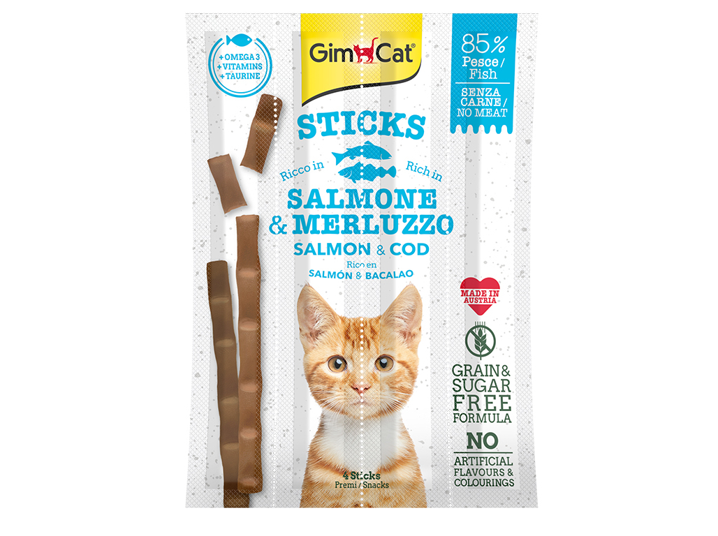 SNACKS PARA GATO GIMCAT STICKS COM SALMÃO E BACALHAU 4 UNIDADES
