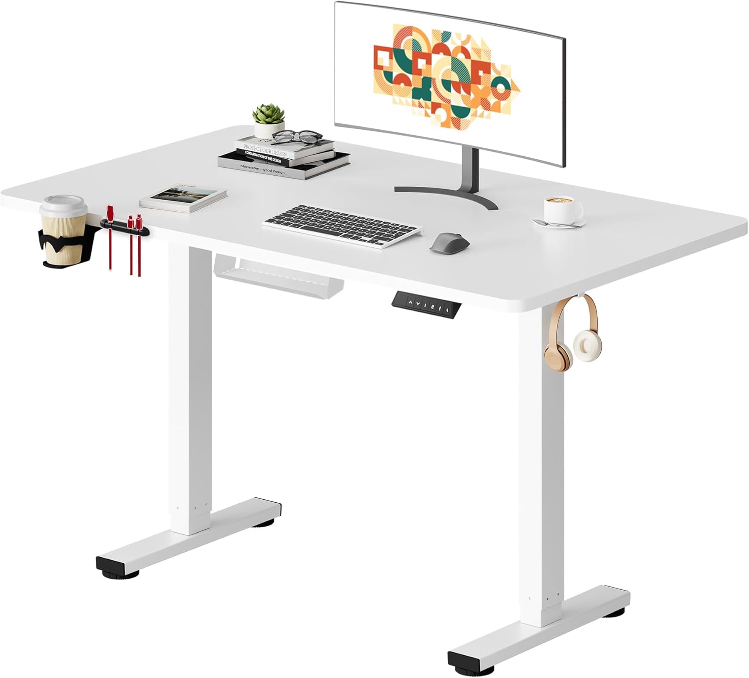 SANODESK Höhenverstellbarer Schreibtisch Elektrisch Schreibtisch Höhenverstellbar 110×54 cm mit 70 kg Tragkraft, Anti-Kollisions-Schutz & leisem Betrieb, inkl. Ablagebox und Kabelmanagement(Weiß)