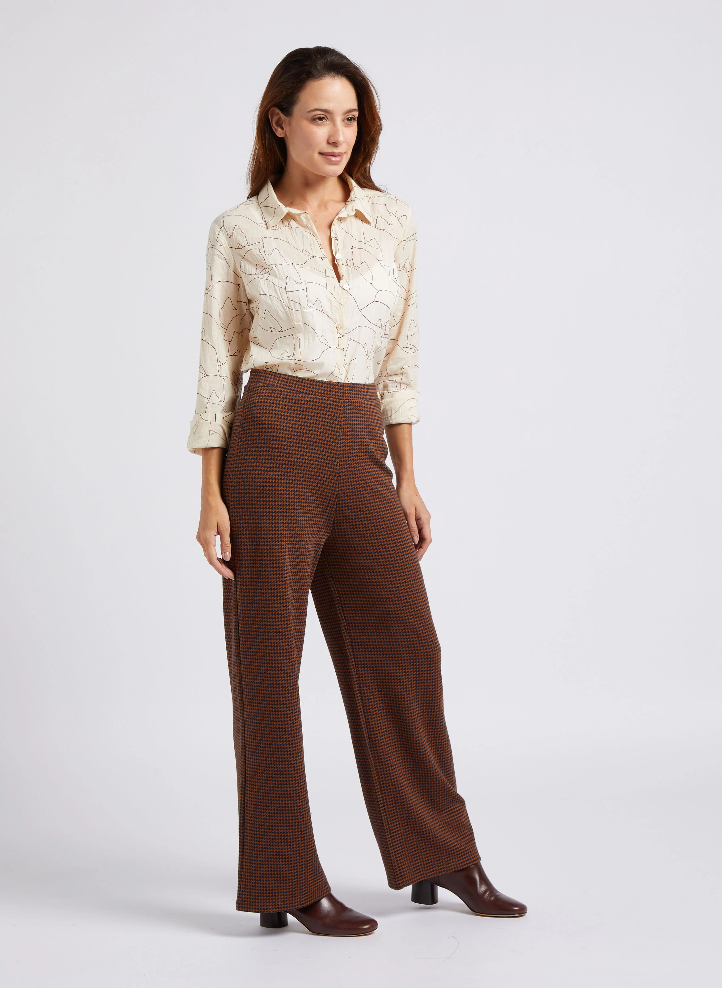Pantalon droit en jacquard pied de poule | Bleu