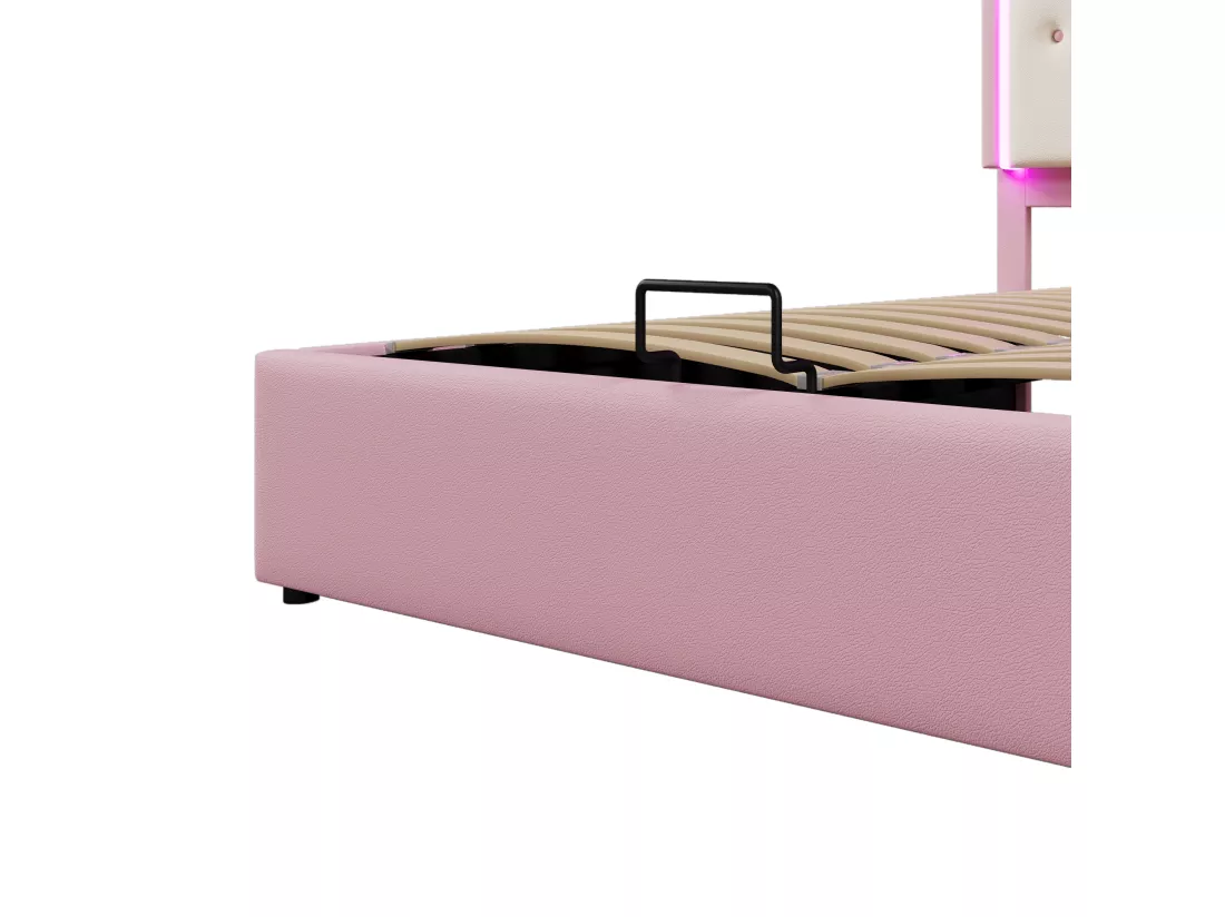 Lit coffre rembourré 140x200 cm en similicuir - avec LED et sommier à lattes - Rose