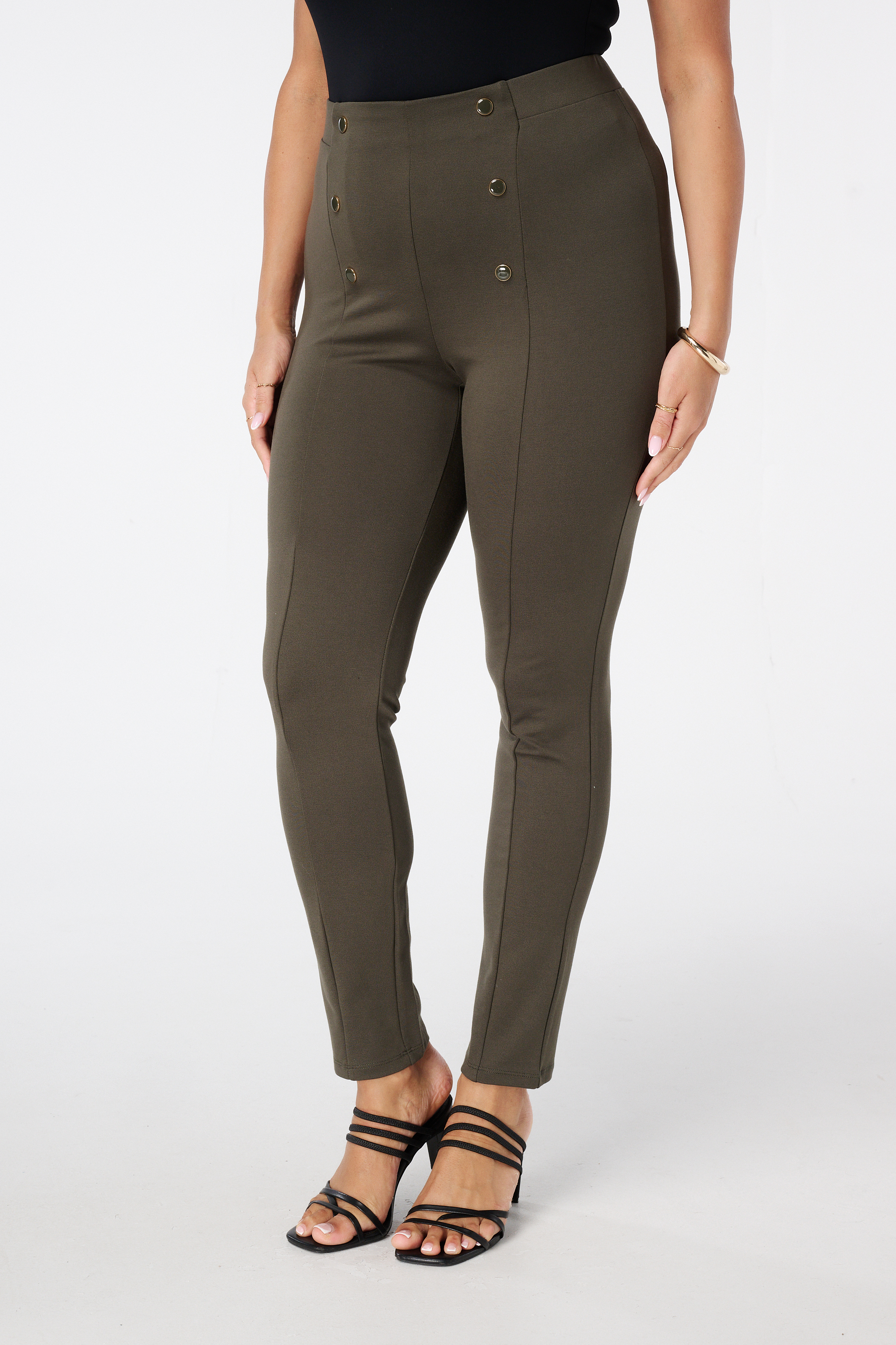 Tregging met sierknopen Donker khaki