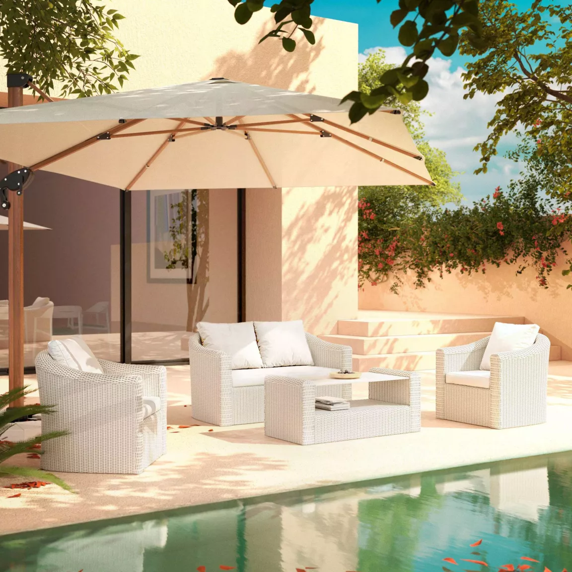 Salon de jardin en résine tressée 4 places 4 pcs Calvi Blanc