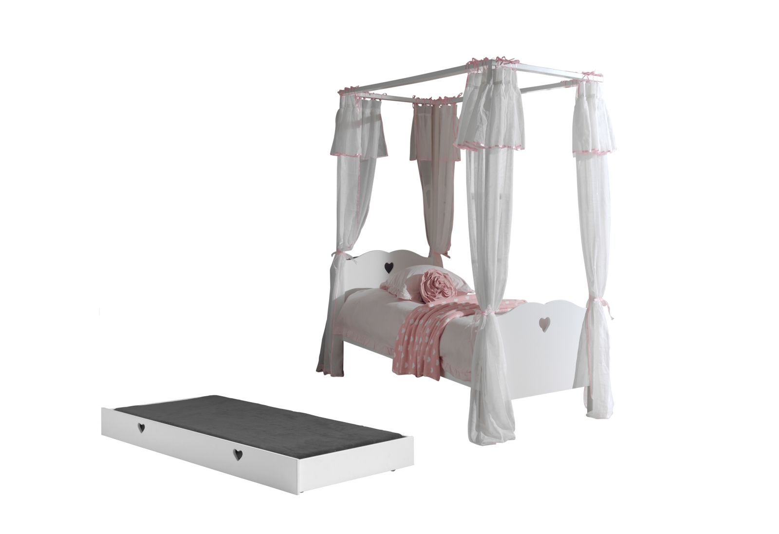 Himmelbett AMORI - weiß - mit Lattenrost, Schals & Bettschublade - 90x200 cm