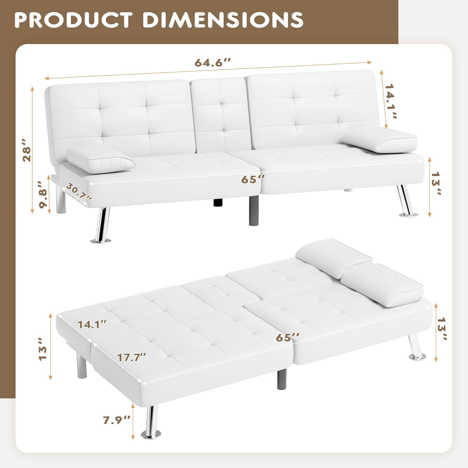 Homall Futon Schlafsofa, Leder-Futon-Couch mit abnehmbaren Armlehnen, verstellbare Liege, Schlafsofa mit zwei Getränkehaltern für Wohnzimmer, Wohnung, Büro (Weiß)