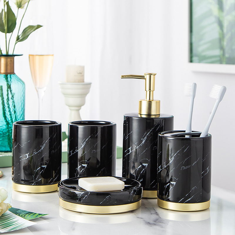 (5-tlg. Set) Keramik Badezimmer Accessoire Bad Essentials - Schwarz
