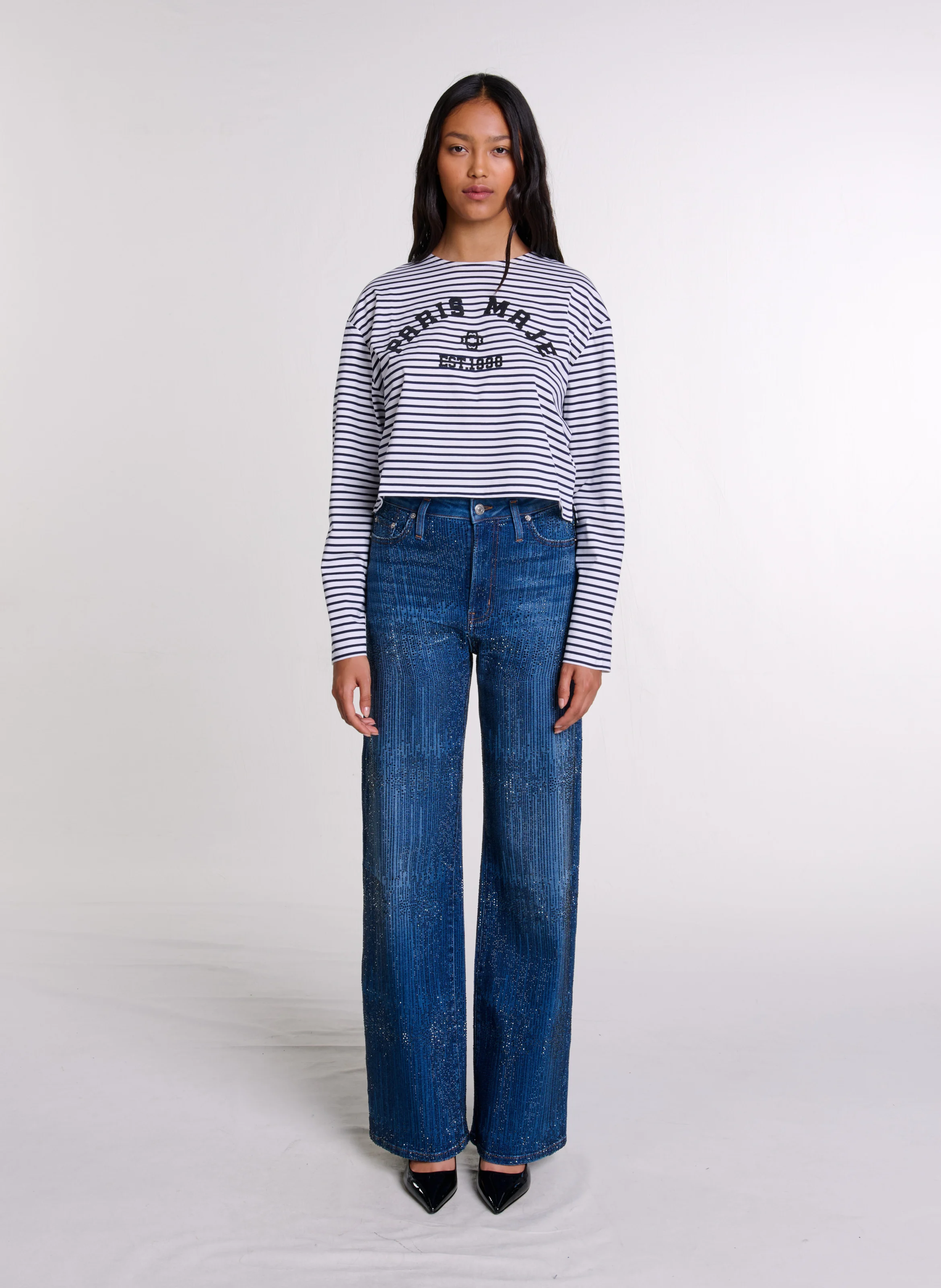 Tee-shirt col rond droit en coton rayé | Bleu