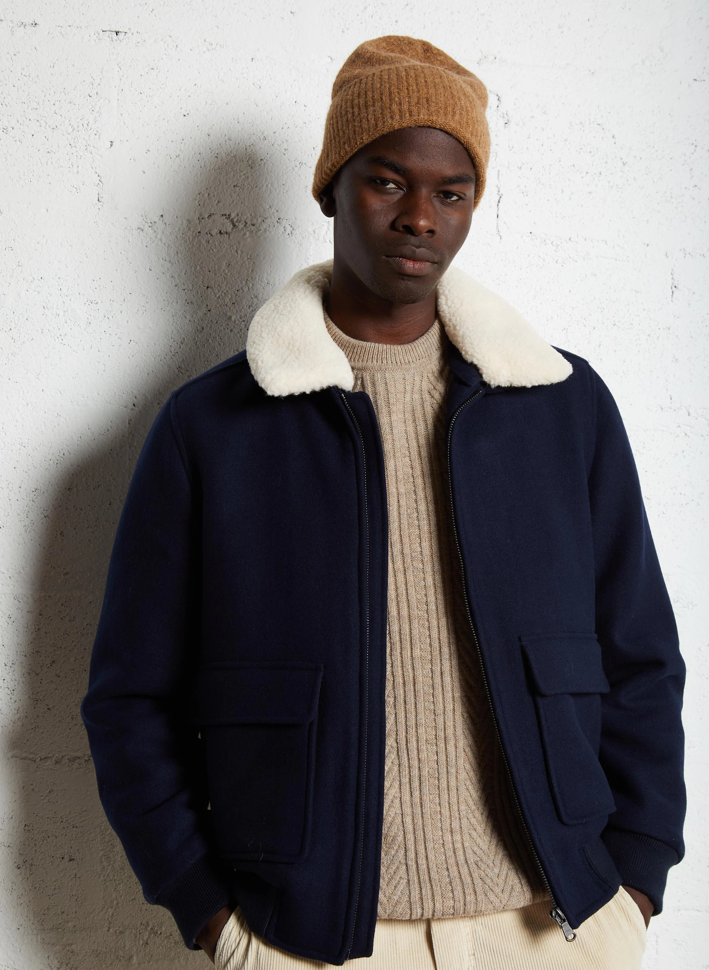 Veste droite col classique en laine mélangée | Bleu