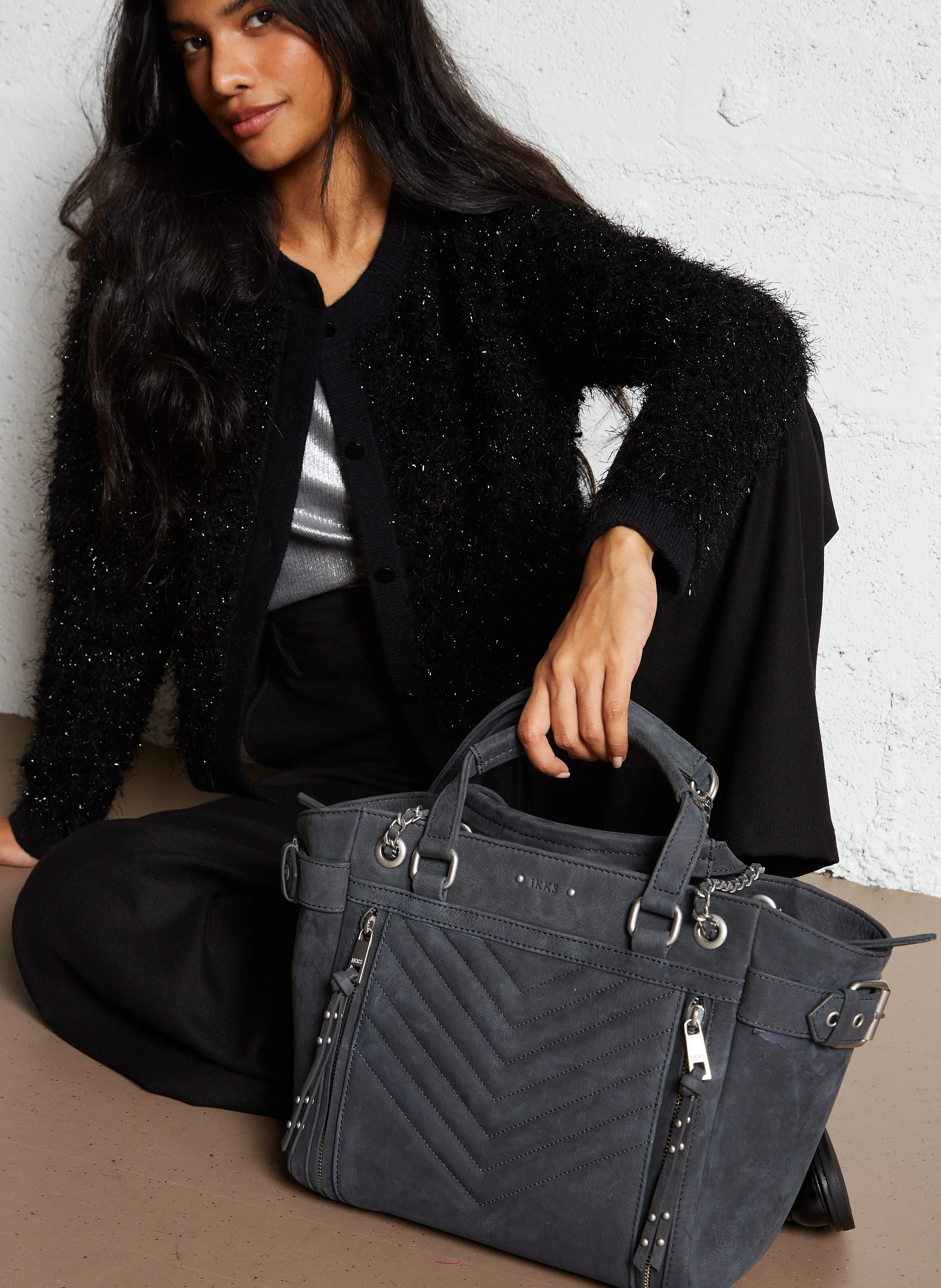 1440 - Cabas en cuir velours| Gris