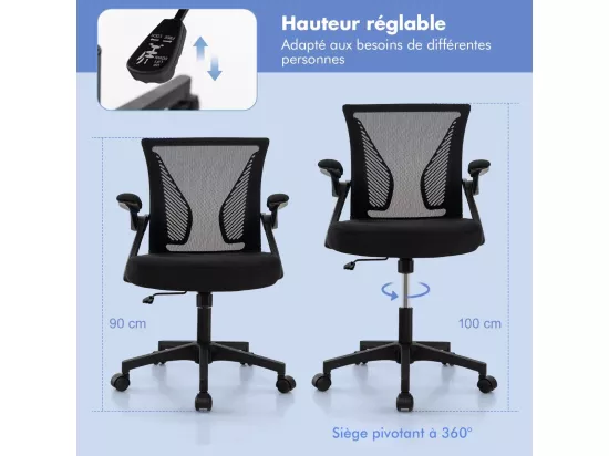 Chaises de Bureau Ergonomique, Chaises de Conférence Pivotante Réglable en Maille avec Accoudoirs Rabattables, Dossier à Bascule à 30°, Noir