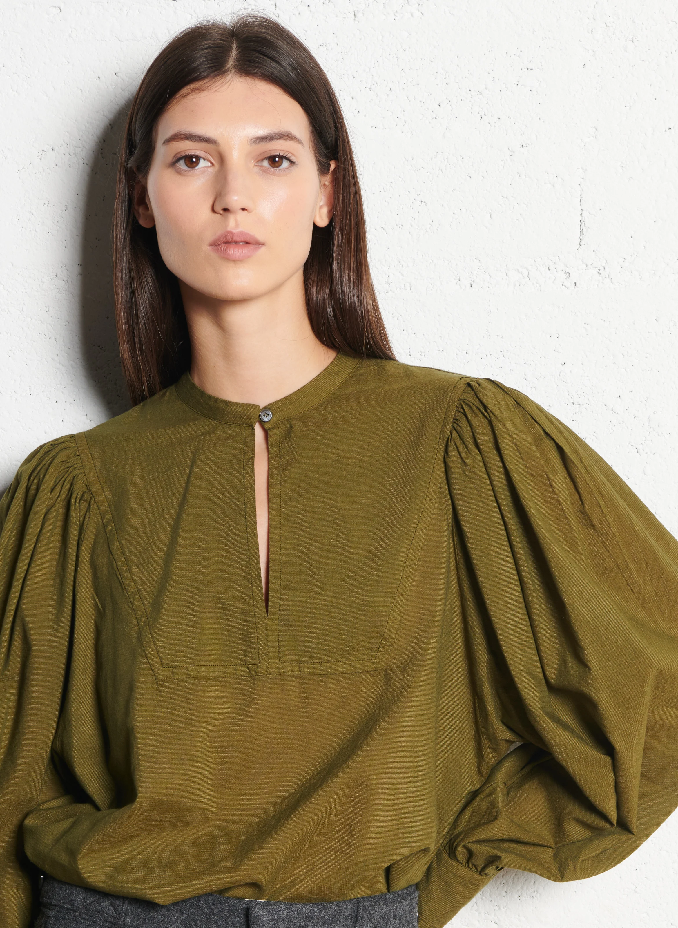 Blouse col rond droite en coton et soie mélangé | Vert