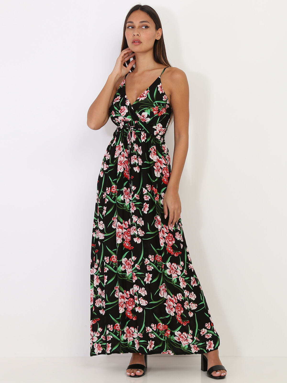 Robe longue à motifs fleurs et feuilles- Noir