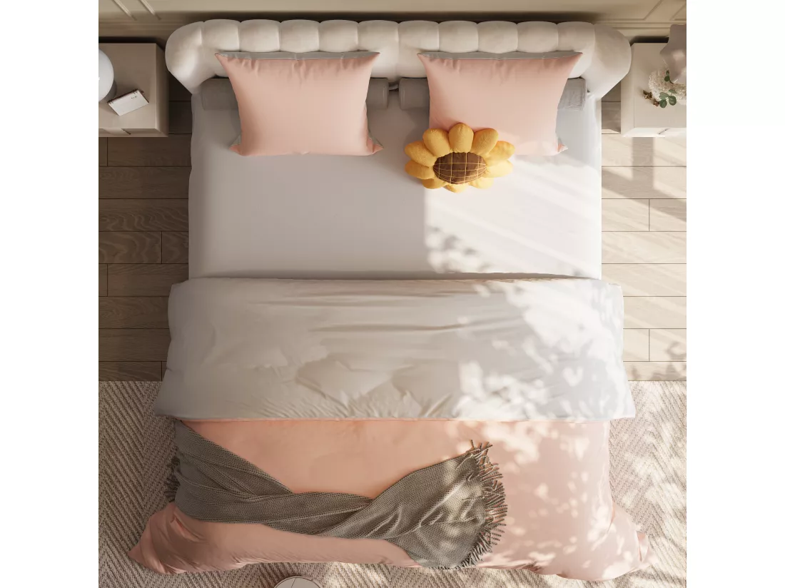 Parure de lit 3 pièces, d'oreiller*2(80 x 80),drap-housse(140 x 200)+housse de couette(140 x 210),Blanc+Rose,polyester