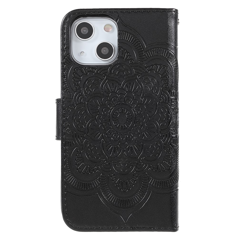 iPhone 13 Leder Tasche Wallet - Mandala Flowers Imprint - Schwarz