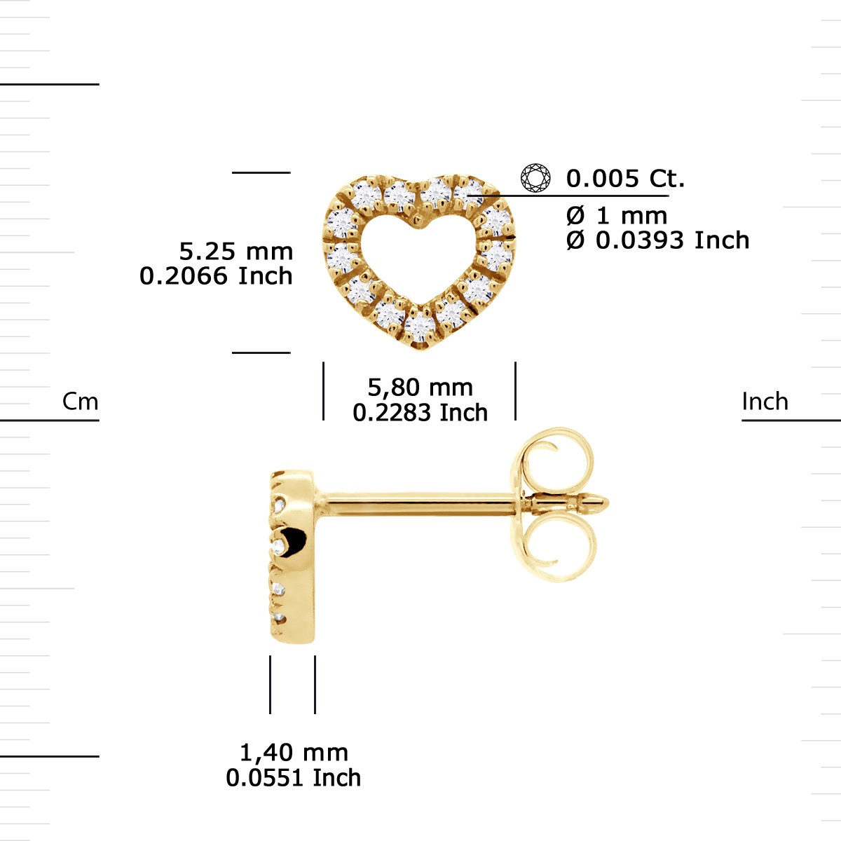 Boucles d'Oreilles Diamant 0,080 Cts Coeurs Or Jaune