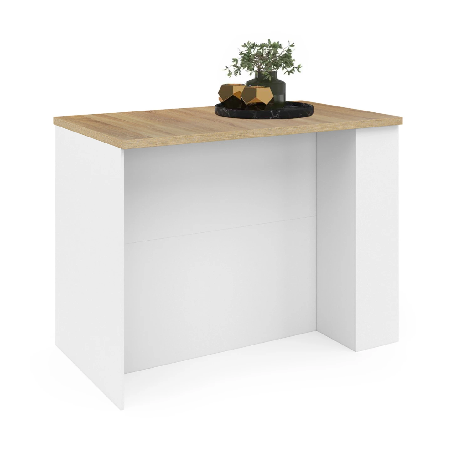 Ilot central TIBO 120 cm bois blanc avec plan de travail façon hêtre