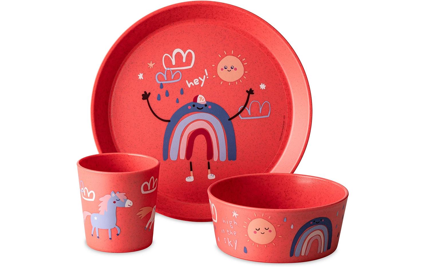 Kindergeschirrset CONNECT DREAMS coral redKindergeschirr aus Biokunststoff bestehend aus Teller, Schüssel und Becher