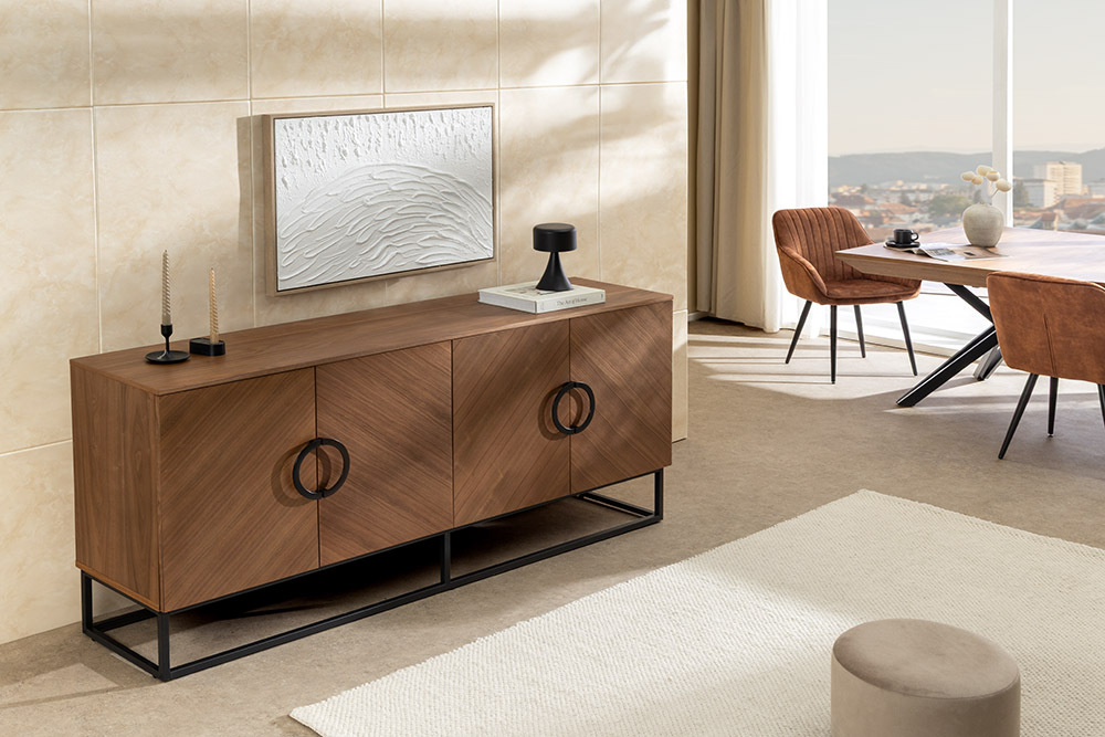 Industrial Sideboard GRANDEZZA 180cm natur Walnuss schwarz Metall viel Stauraum
